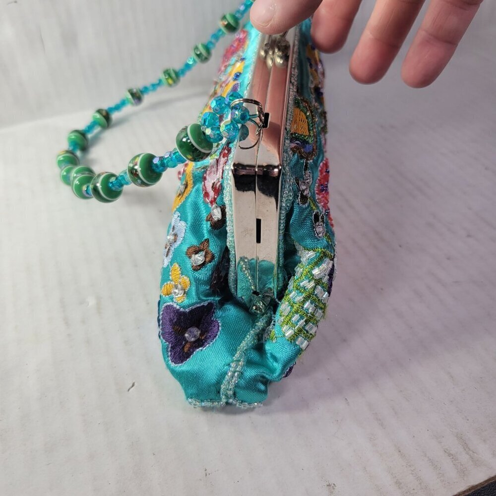 Turquoise Hand Beaded & Embroidered Floral Satin Clutch Purse With Beaded Handle - Picture 5 of 8